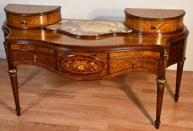 1920 Antique French Louis XVI Satinwood inlay & marble top vanity ladies desk