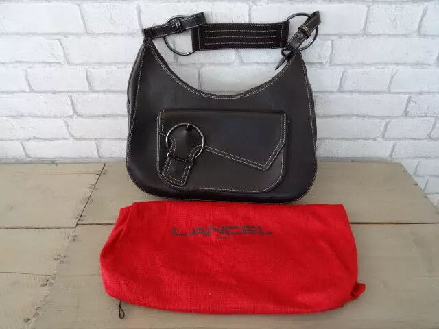 Sac à main porté épaule cuir marron surpiqûre beige LANCEL authentique + housse
