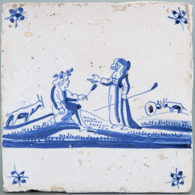 Nice Dutch Delft Blue tile, shepherds in landscape, late 17th century.