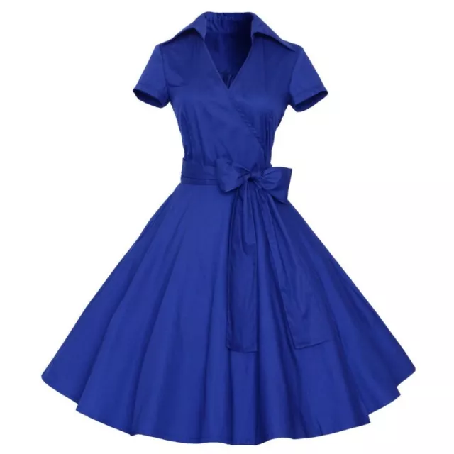 Womens Polka Dot Swing Lapel V-Neck Skirt 1950s Retro Vintage Party Long Dress