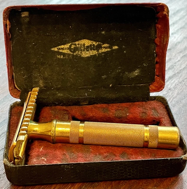 VTG Gillette Gold Tone Razor & Case 1930s Reissue Pat. No. 17567