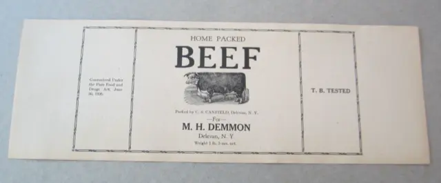 Original Old Vintage c.1910 - BEEF - Can LABEL - M.H. Demmon - Delevan N.Y.
