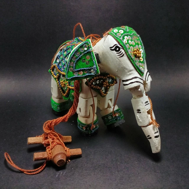 Elephant Green Saddle Burmese Wood Marionette String Puppet Asian Folk Art Toy
