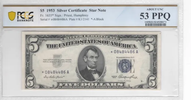 1953 $5 Five Dollar Silver Certificate Blue Seal STAR NOTE Fr.1655* PCGS 53 PPQ