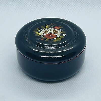 Vintage Russian Metal Tin Round Trinket Jewelry Box Hand Painted Flowers Floral