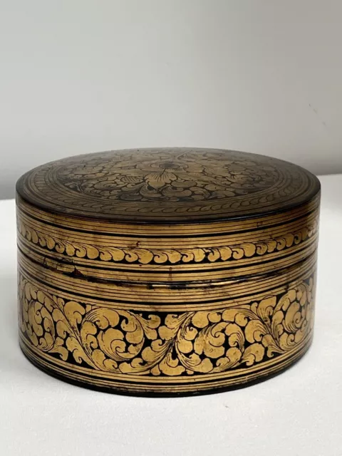 Antique Burmese Betel Nut Box Gilt Lacquerware Myanmar Floral Gold Painted