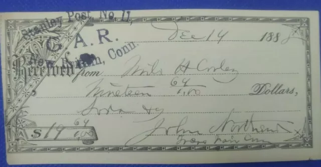 GAR check 1888 stamped GAR New Britain Connecticut GAR check 1888 stamped GAR New Britain Connecticut