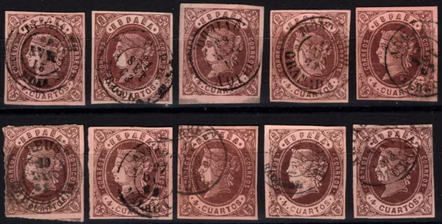1862.Ed:º58(10).Isabel II.4 cu castaño.Lote de 10 sellos.Mat Fchdrs Tipo II