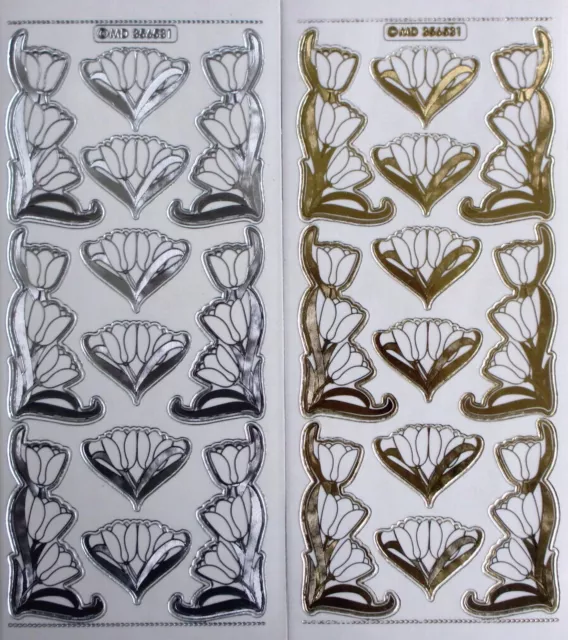 TULIP CORNERS Embossed on Clear Gold or Silver  PEEL OFF STICKERS Flowers Corner