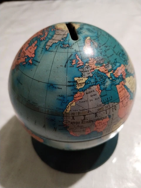 🌍 Globe Terrestre Tirelire En Tôle – Jouet Miniature Mont Blanc – France – Occasion