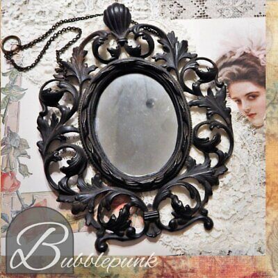 Antique B&B Cottage Chic Black Cast Metal Victorian Rococo Decor Frame Mirror