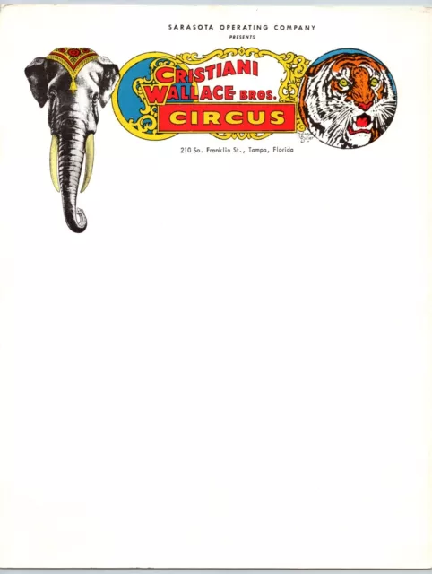 Cristiani Wallace Bros Circus Letterhead c1960-63 Tampa Elephant Tiger Scarce