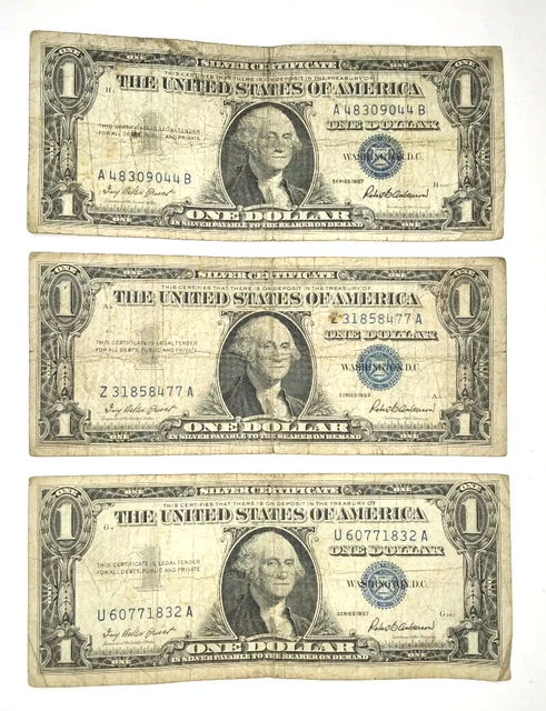 Lot of Three One Dollar Silver Certificate with Blue Seal Series 1957 in Sleeves