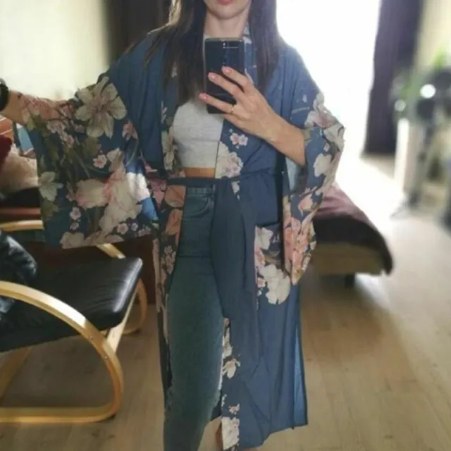 Bohémien Col V Paon Fleur Imprimé Long Kimono Chemise Desseré Lacet Haut