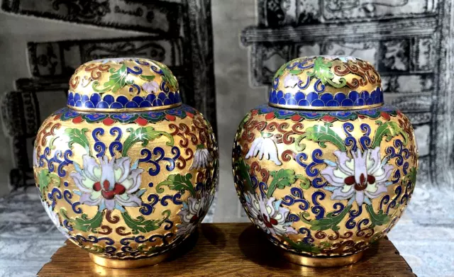 Pair of Vintage Handmade Open Work Cloisonné 4” Lidded Jars