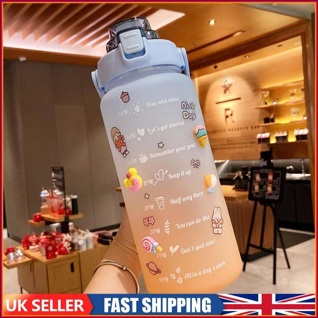2L Water Bottle Straw Cup Sport Time Scale Jug w/ Stickers (Gradient Blue)