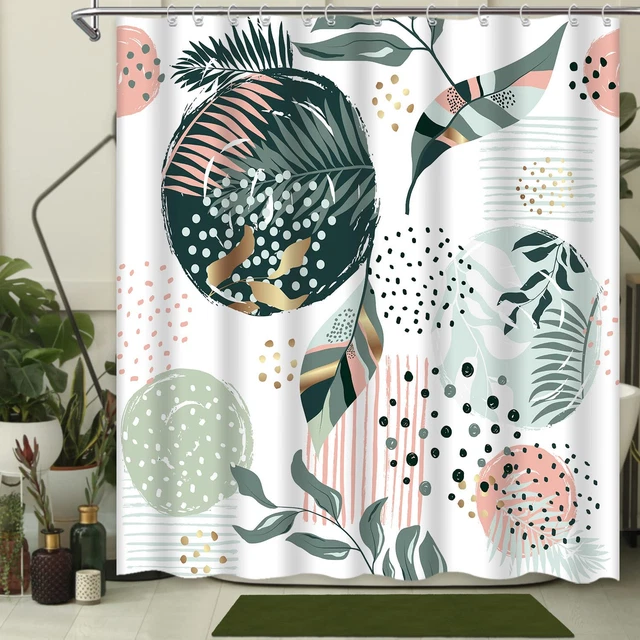 Green Boho Shower Curtain Tropical Leaves Abstract Mid Century Green Gold Colorf