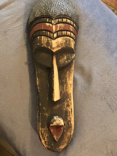 ￼GHANA MASK 1930s Old Hand Carved Tribal Art Dark Painted Wood Leather Hook