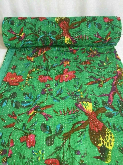 Manta de cama india hecha a mano tamaño doble Kantha edredón verde pájaro