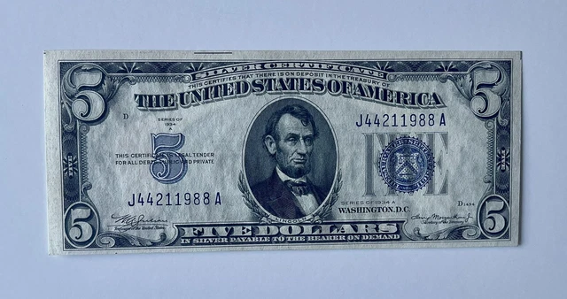 1934 A $5 Silver Certificate Note Fr.1651 Ja Block Choice Au