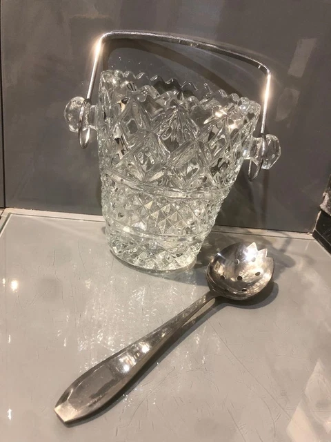 Ancien Seau à Glace En Verre Taillé Des Années 1960 Avec Anse Inox