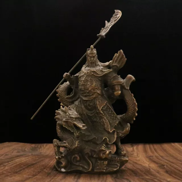 Chinese old bronze copper Hand Carved ride a dragon Guangong exquisite Statue