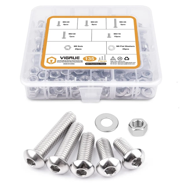 M8-1.25 x 16/20/25/30/40mm Button Head Socket Cap Screws, 135PCS.