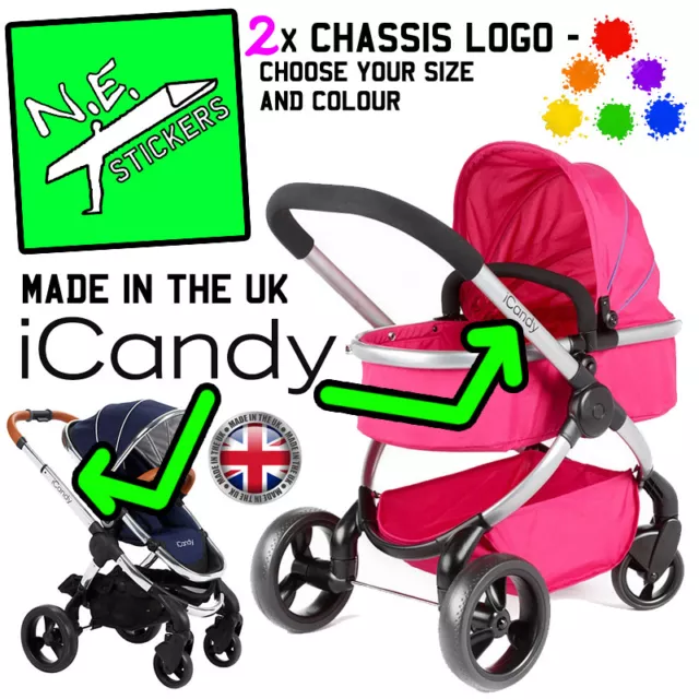 2x FARBIG neues Logo ERSATZ iCandy Vinyl Aufkleber i Candy Kinderwagen Buggy Chassi