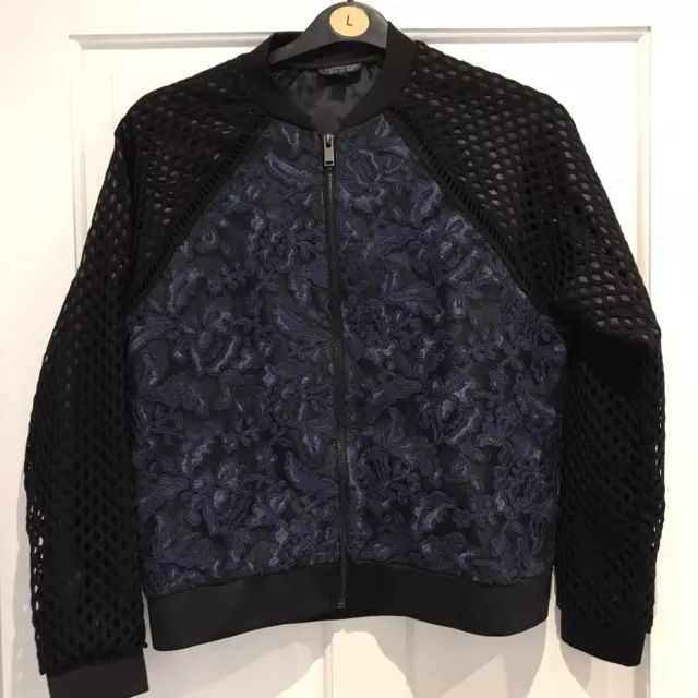 TOPSHOP BLUE BLACK Woman Faux Silk Bomber Reversible Embroidered
