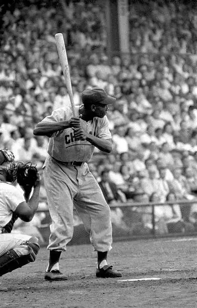 Chicago Cubs Ernie Banks in action, at bat vs Brooklyn Dodgers at - Old Photo