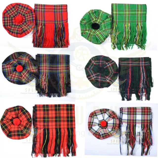 Acrylic Tartan Fabric Check Scarf/Cap Tam O Shanter Hat and Scarf Set 40 +Colors