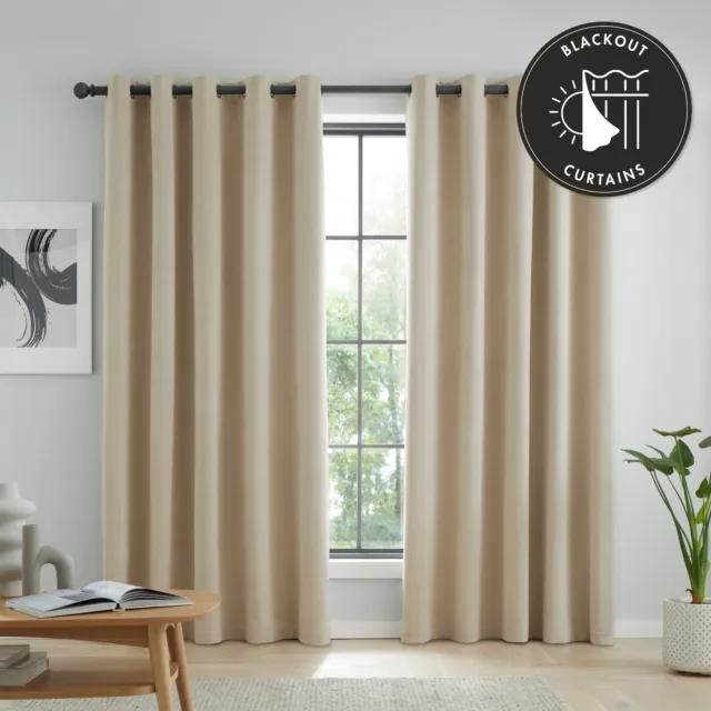 Catherine Lansfield Wilson Blackout Thermal Eyelet Curtains Or DoorPanel Natural