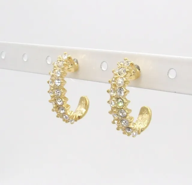 NWOT 7/8" ROMAN Double Row Clear Crystal J Hoop Pierced Earrings 14K Gold Posts