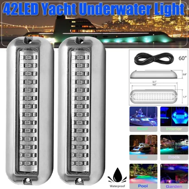 2x 42LED 316 Stainless Steel Underwater Boat Marine Transom Lights Pontoon Blue