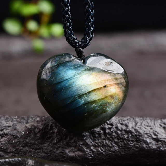 Natural Heart Shape Crystal Pendant Labradorite Quartz Necklace Healing Reiki UK