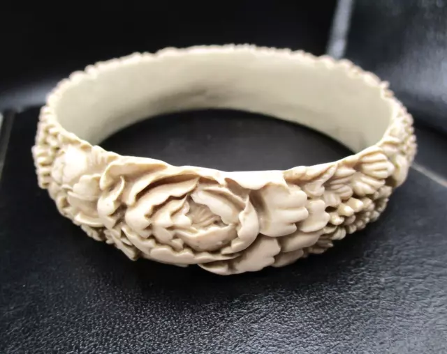 VINTAGE Deep Carved Peony Rose Lily of the Valley Flower Bangle Art Deco Style