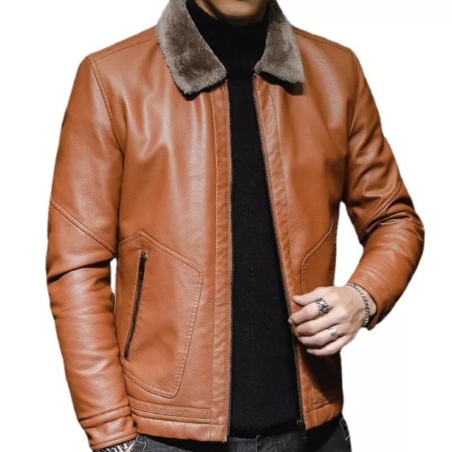 Hommes Doublé Chaud Veste Motard PU Cuir Zip Manteau Fausse Fourrure Col Chemise