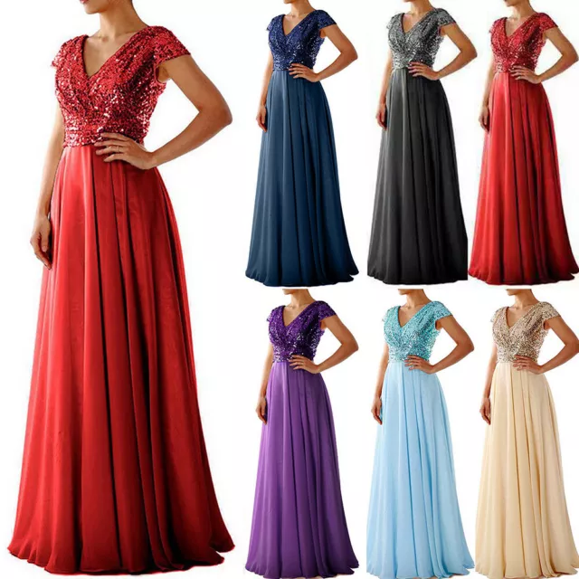 Women V Neck Bridesmaid Wedding Cocktail Evening Party Maxi Dress Prom Ball Gown