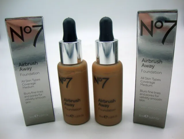 2 x No7 Airbrush Away Foundation All Skin Types TOFFEE 1 Oz/30 ml New Boxed