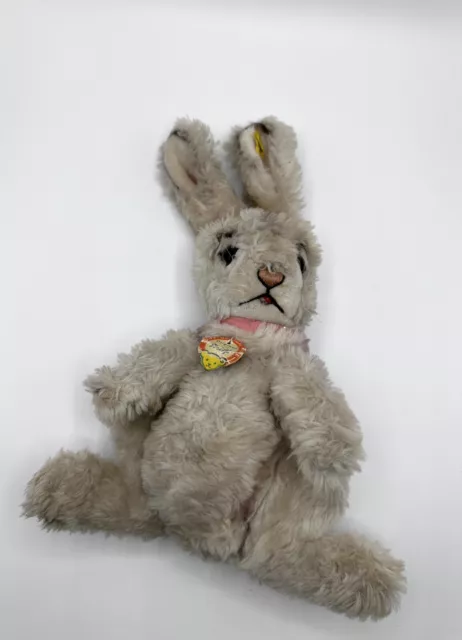 Steiff Hase Vintage mit Knopf, Fähnchen und Schild