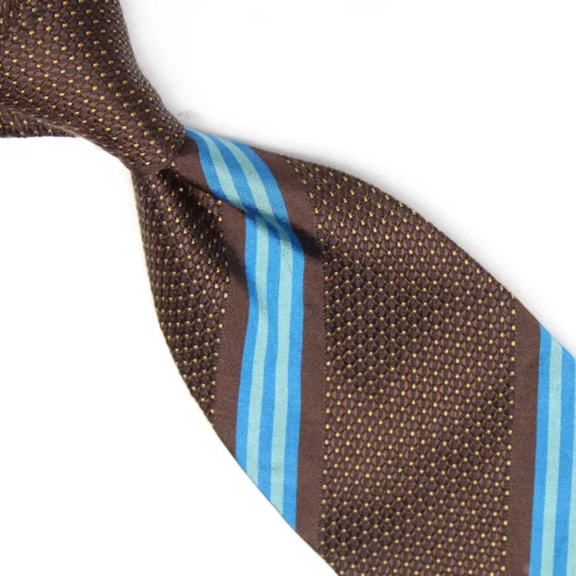 Hugo Boss Mens Silk Necktie Brown Tan Pindot Tropical Blue Stripe Woven Italy
