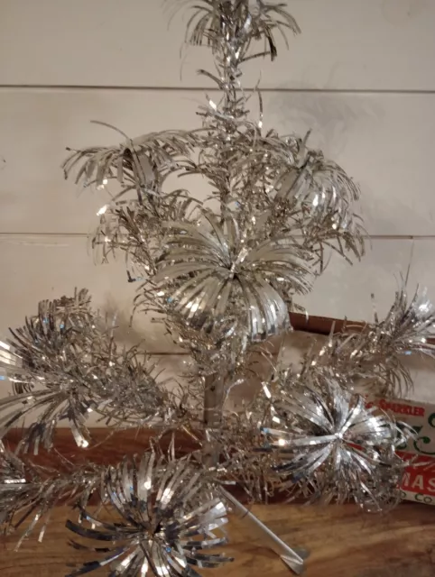 Vtg Sparkler Pom Pom Aluminum Christmas Tree 2 Ft / 19 Branch Mcm Shiny Silver 3