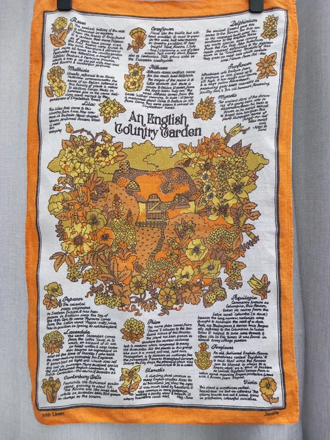 Toalla de té de lino irlandesa vintage Jonelle un jardín rural inglés