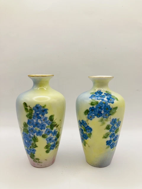 Pair VTG Bavaria Hand Painted Flowers Bud Vases Pastel Blue Pink Yellow Purple 