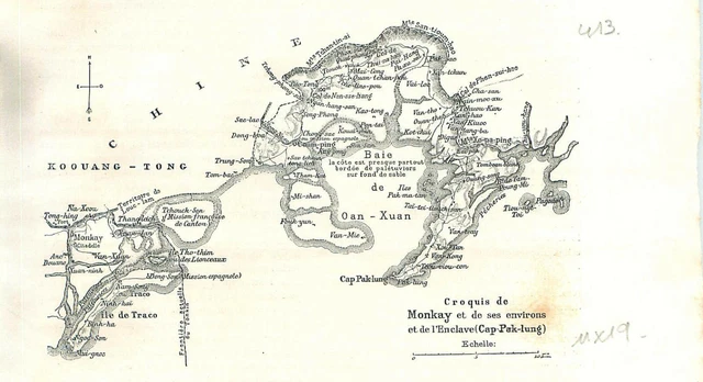 Carte de Monkay et l'Enclave Cap-Pak-Lung au Viêt Nam Tonkin Chine GRAVURE 1888