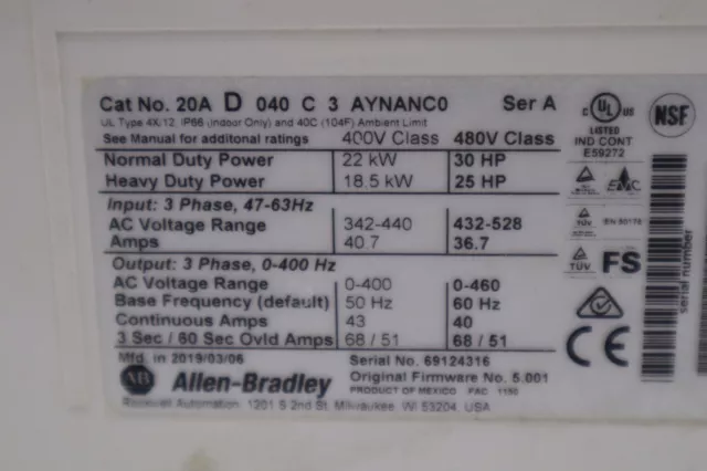 Allen Bradley 20Ad040C3Aynanc0 Ser A Powerflex 70 Ac Drive Stock 5233 3