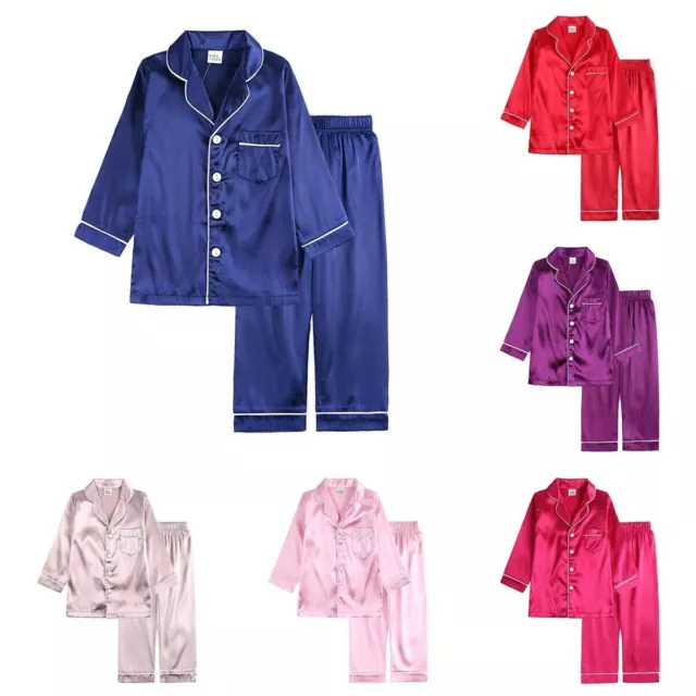 Kids Boys Girls Silk Satin Pajamas Long Sleeve Nightwear Winter Sleepwear Set US