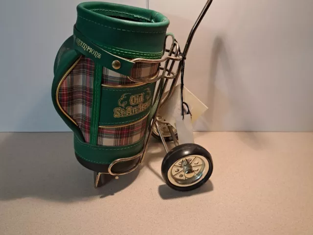 Vintage Old St. Andrews Scotch Whiskey Bottle Holder Golf Bag w/ tags Pull Cart