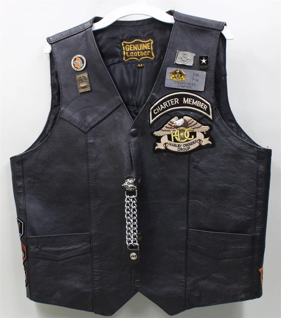 PLG PUTNAM LEATHER MOTORCYCLE BIKER VEST Extra Small w/Harley Patches/Pins HOG