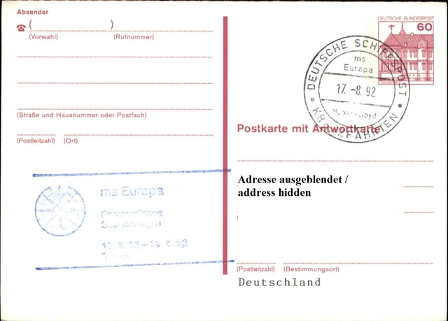 Dt. Schiffspost Stempel MS EUROPA Reise Kreuzfahrt Sommerliches Süd-Norwegen `92